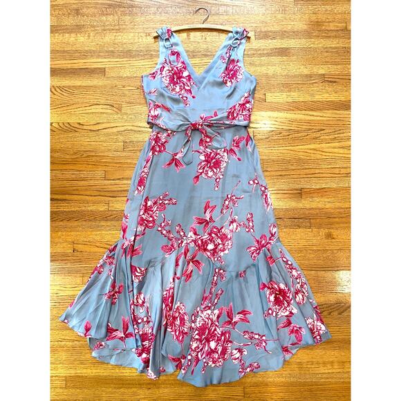 White House Black Market Tie Front Floral Maxi Dress Sz 8 Gray Satin Fit & Flare - Picture 8 of 12